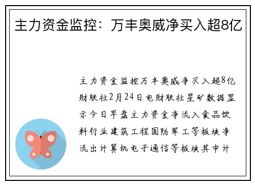 主力资金监控：万丰奥威净买入超8亿
