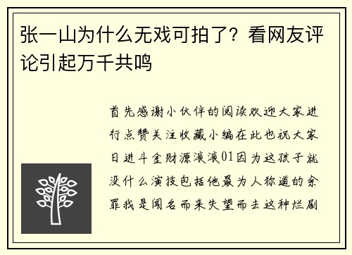 张一山为什么无戏可拍了？看网友评论引起万千共鸣