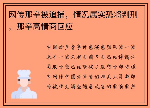 网传那辛被追捕，情况属实恐将判刑，那辛高情商回应