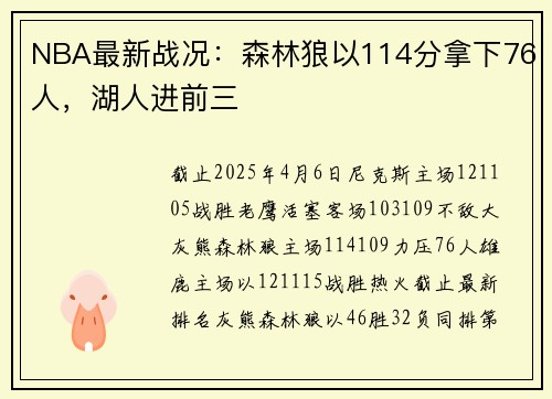NBA最新战况：森林狼以114分拿下76人，湖人进前三