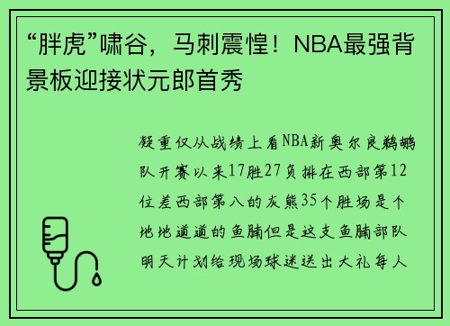 “胖虎”啸谷，马刺震惶！NBA最强背景板迎接状元郎首秀