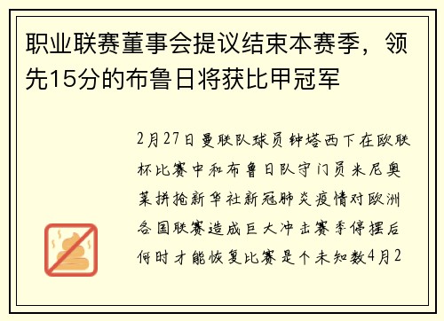 职业联赛董事会提议结束本赛季，领先15分的布鲁日将获比甲冠军